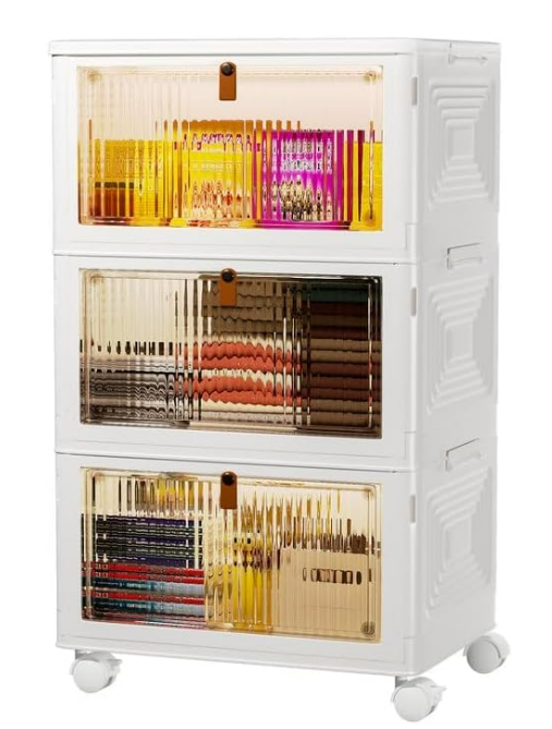 3 Tier Plastic Storage Bins with Lids 36QT - Stackable Storage Containers with Wheels, Folding Boxes, Collapsible Bins