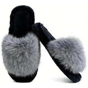 Furry Fluffy Slippers for Women Indoor, Faux Fur Open Toe House Slippers Cozy Soft Womens Slippers (9-10, Grey)