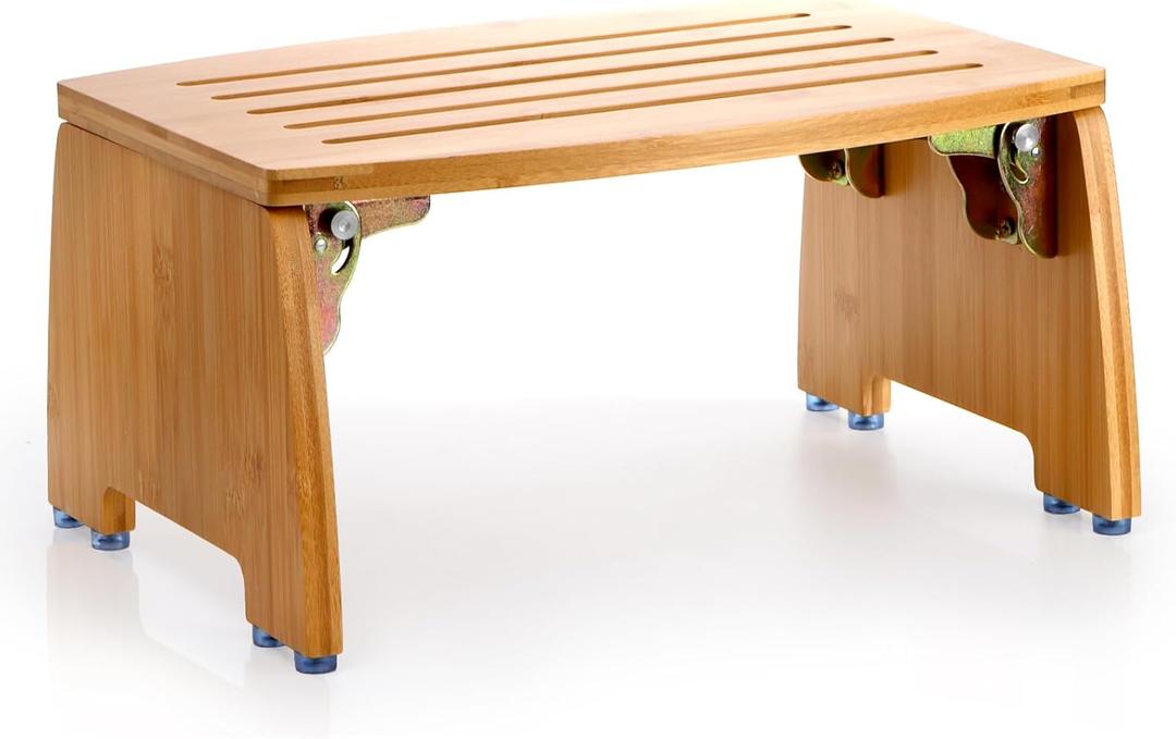 Lyellfe Bamboo Folding Step Stool, Non-Slip Leg Shaving Foot Rest Chair, Foldable One Step Stool for Home, Adults, Support up to 300lbs, Fully Assembled