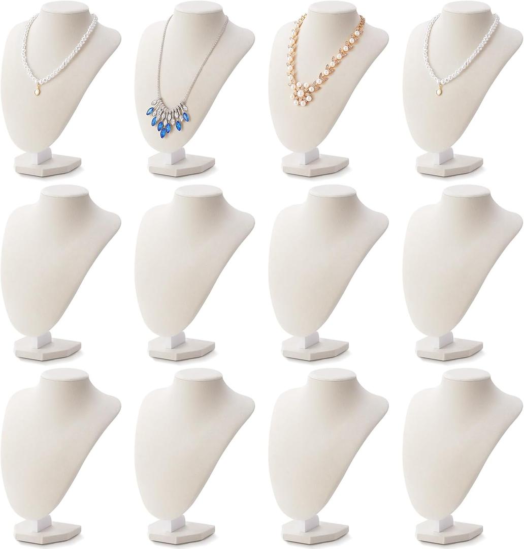 Huquary 12 Pcs Necklace Stand Display Jewelry Bust Necklace Stand Jewelry Photography Props for Selling Home Store Trade Show (Beige,Velvet)