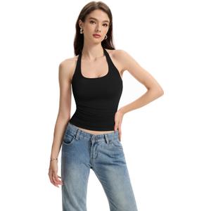 Halter Tank Tops for Women Double Lined Backless Going Out Tops Trendy Y2K Summer Shirt (Small, Black)