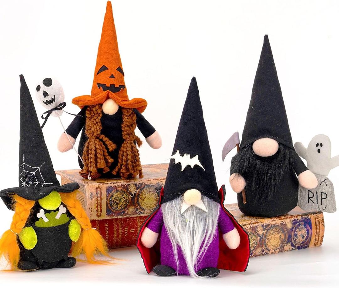 DraMosary Halloween Gnomes Plush Elf Decoration, 4PCS Handmade Reaper Witch Vampire Pumpkin Ghost Dolls for Halloween Table Ornament, Tiered Tray Decor, Party Favor, Trick or Treat (Hg4multi)
