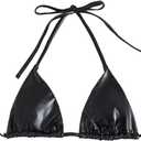 Verdusa Women's Triangle Bikini Top Self Tie PU Leather Halter Swim Top (Black, L)