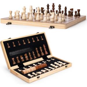 15" Wooden Chess Set | Folding Board, 2 Extra Queens | Magnetic Chess Board Set for Adults & Kids, Pieces Storage Slots Checkers Game for Kids Portable Travel Chess Game for Beginner (Original Wood Color)