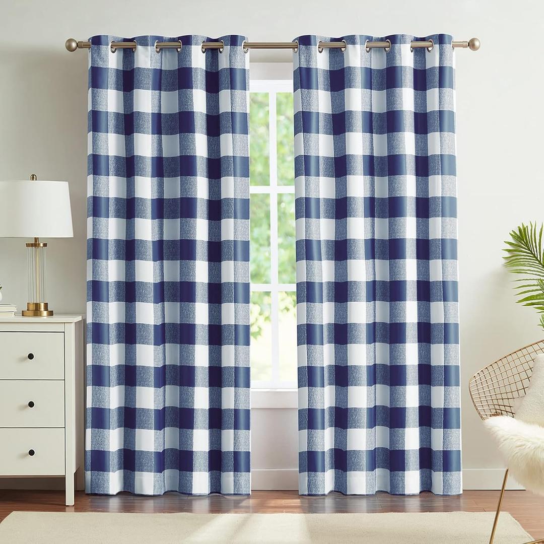 Melodieux Buffalo Check Plaid Blackout Curtains 84 Inches Long for Living Room, Bedroom Thermal Insulated Room Darkening Grommet Drapes, Blue, 50 x 84 Inch, 2 Panels