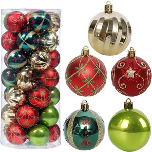 ROSELEAF 30ct 2.36" Shatterproof Christmas Tree Ornaments - Red, Green, Gold Plastic Hanging Balls - Christmas, Wedding And Engagement Occasion