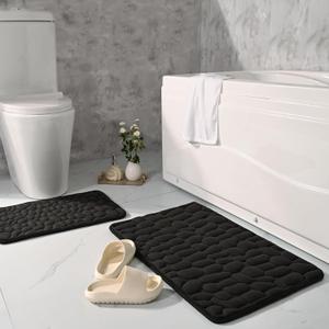 Bath Mat 2 Piece Memory Foam Cobblestone Bathroom Rug Set Soft Absorbent Anti-Slip Toilet Shower Bath Rugs Rectangular Floor Mat Area Rug (Black)