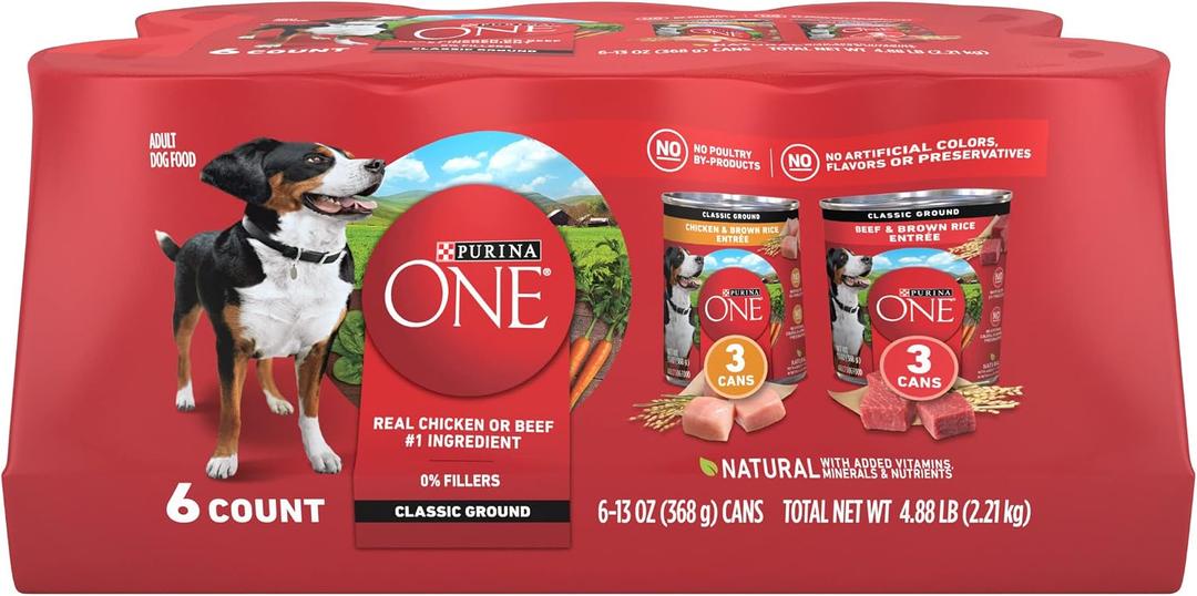 Purina ONE Classic Ground Chicken and Brown Rice, and Beef and Brown Rice Entrees Wet Dog Food Variety Pack - (Pack of 6) 13 oz. Cans (EXP 03/31/28)
