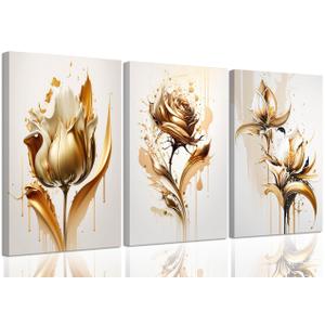 3Pcs Golden Rose Flower Canvas Wall Art Golden Floral Picture Wall Decor Modern Elegant Plant Poster Print for Living Room Bedroom Bathroom Office Artwork Home Decoration