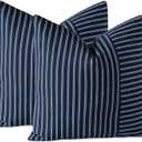 OTOSTAR Pack of 2 Striped Patchwork Farmhouse Decorative Throw Pillow Covers 18 x 18 Inch Square Cushion Cover Couch Home Decor Modern Accent Pillow Cases for Sofa Bedroom Living Room (White Navy)