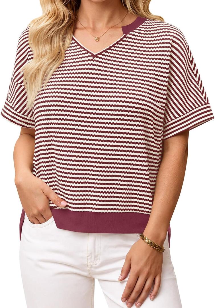 Fisoew Womens Short Sleeve Sweater Summer V Neck Striped Pullover Tops Casual High Low Loose Slit Cropped T Shirts (M)