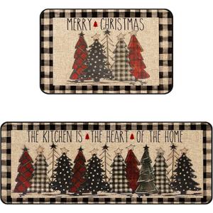 Christmas Kitchen Rugs Set of 2, Christmas Rugs for Kitchen, Buffalo Plaid Xmas Tree Merry Christmas Kitchen Mats, Winter Home Decor Low-Profile Kitchen Rugs, 16x24 and 16x47 Inch