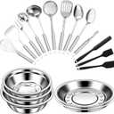 18 Pcs Silver Stainless Steel & Silicone Cooking Utensils Set, All-In-One Kitchen Tool Set with Mixing Bowls & Plates, Heat Resistant & Easy to Clean