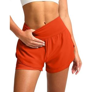 SANTINY Women's 2 in 1 Running Shorts with Pockets 3" High Waisted Exercise Workout Athletic Shorts for Women with Liner(Orange_L)