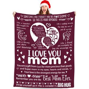 I Love You Mom Blanket for Mom, Valentines Gifts for Mom from Daughter Son, Birthday Gifts for Women Who Has Everything, Blanket Gift for Her, I Love You Mom Throw Blanket 60"x50", Burgundy