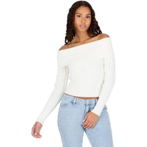 Forever 21 Women's Fold Over Off The Shoulder Sweater with Cable Knit Bottom (White, M)