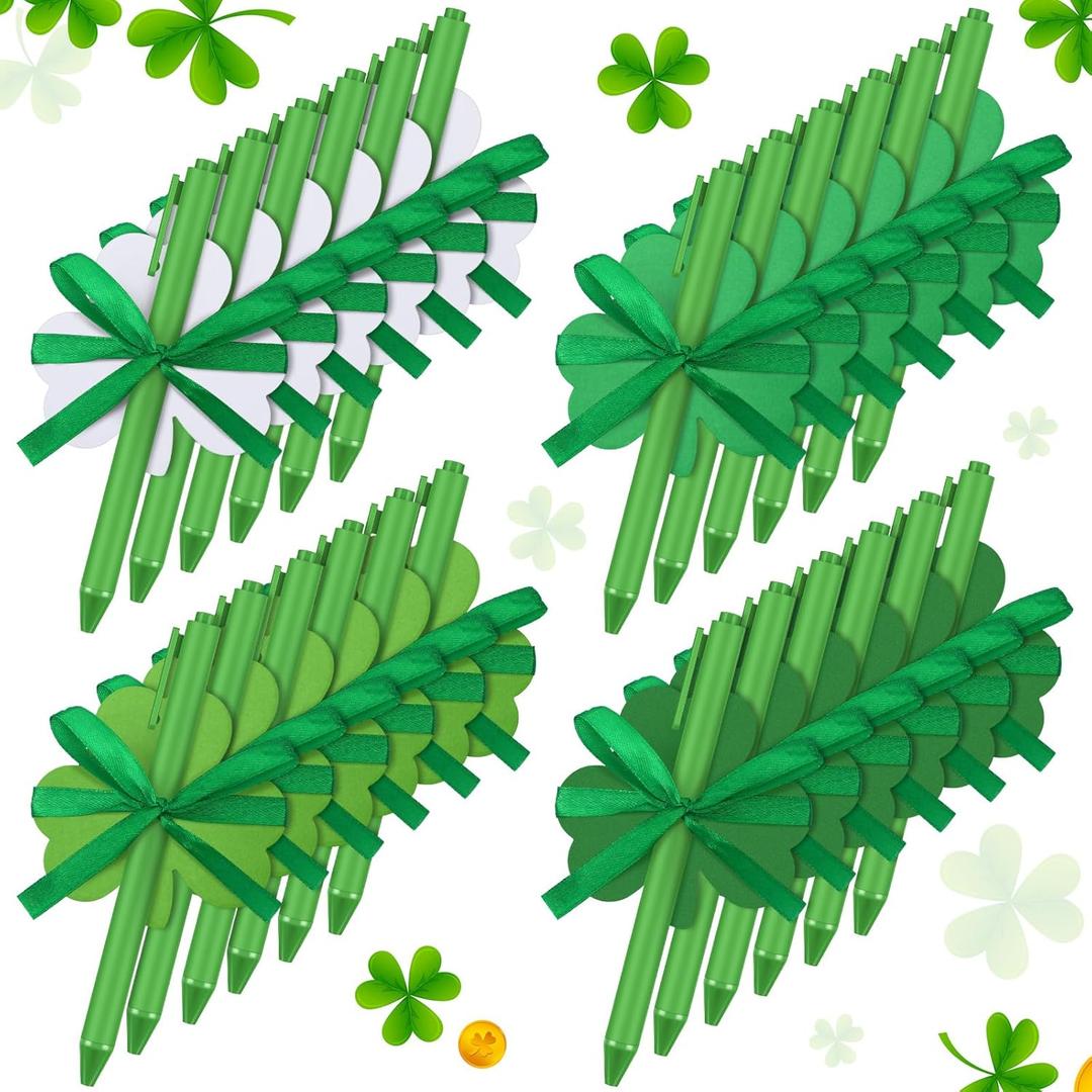 Geyee 24 Pack St. Patrick's Day Shamrock Pen with Sticky Notepad for Kids Bulk Shamrock Shaped Ballpoint Pen Ribbons Green White Sticky Note Self Stick Note for School Office Student St. Patrick's Day