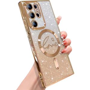 ZONRW for Samsung Galaxy S23 Ultra Case Magnetic,for Women Girl Soft Cute Luxury Love Heart Plating Bling Gradient Glitter Phone Case Compatible with MagSafe Clear Shockproof Back Cover 6.8-Gold
