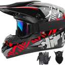 SPARK DOT Youth Motocross Helmet Kids Dirt Bike Helmets - Full Face, Lightweight & Breathable for Off-Road E-Bike BMX MX ATV (with Gloves Goggles Mask) 4Pcs Set, Medium(57-58cm), Red