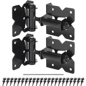 Self Closing Gate Hinges Heavy Duty for Vinyl/Wooden Fence Gates, 90 Degree Adjustable Gate Door Hinges Hardware Kit with Swing Adjuster Tool and Self-Tapping Screws, 2 Pack, Non-Weld Black Finish