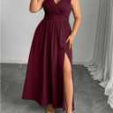 OYOANGLE Women's Plus Size Lace Trim Sleeveless Maxi Dress Wrap V Neck High Slit Formal Evening Dresses (Burgundy, XX-Large Plus)