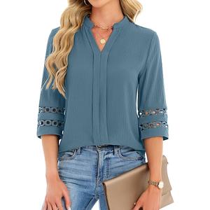 Funlingo 3/4 Length Sleeve Womens Tops V Neck Dressy Casual Blouses Lace Tunic Pleated Shirts Business Casual Outfits 2026 (Blue, XL)
