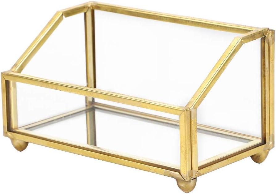 Hipiwe Glass Business Card Holder Stand, Gold Metal Frame Name Card Display Organizer, Office Desktop Countertop Business Cards Storage Holder, Fits 80-100 Business Cards