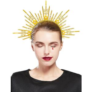 Fantherin Mary Halo Crown Headband Spiked Zip Tie Halo Crown Sunburst Goddess Headpiece with Butterfly (Style 3-Gold)