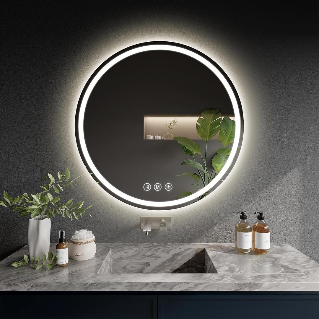 LED Bathroom Mirror 20 Inch Round Bathroom Mirror with Lights, Circle LED Mirror, Wall Mounted Lighted Bathroom with 3 Colors Brightness, Anti-Fog, Dimmable, Shatter-Proof