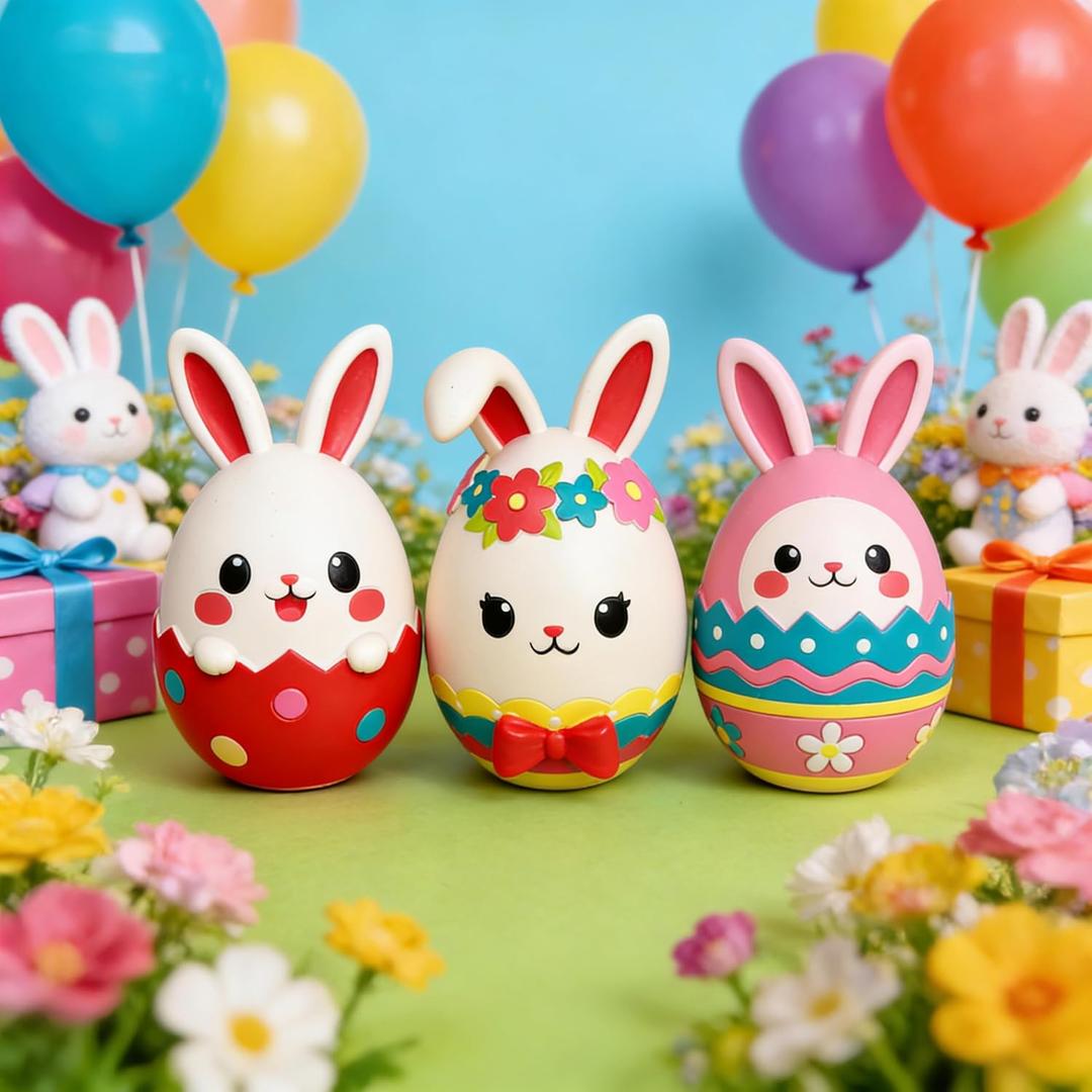 3Pcs Egg Rabbit Statue Set, Hand-Painted Unique Shapes and Colors Home Decor Sculpture, Easter Bunny Gift