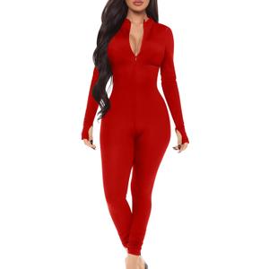 Mizoci Women's Sexy One Piece Jumpsuit Bodycon Long Sleeve V Neck Zipper Full Bodysuit (Medium, Red)