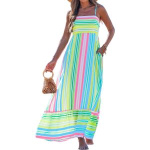 popvil Women Summer Maxi Dress 2026 Spaghetti Strap Long Beach Dress A-Line Flowy Casual Sleeveless Striped Vacation Sun Dress(Rainbow Blue,X-Large)