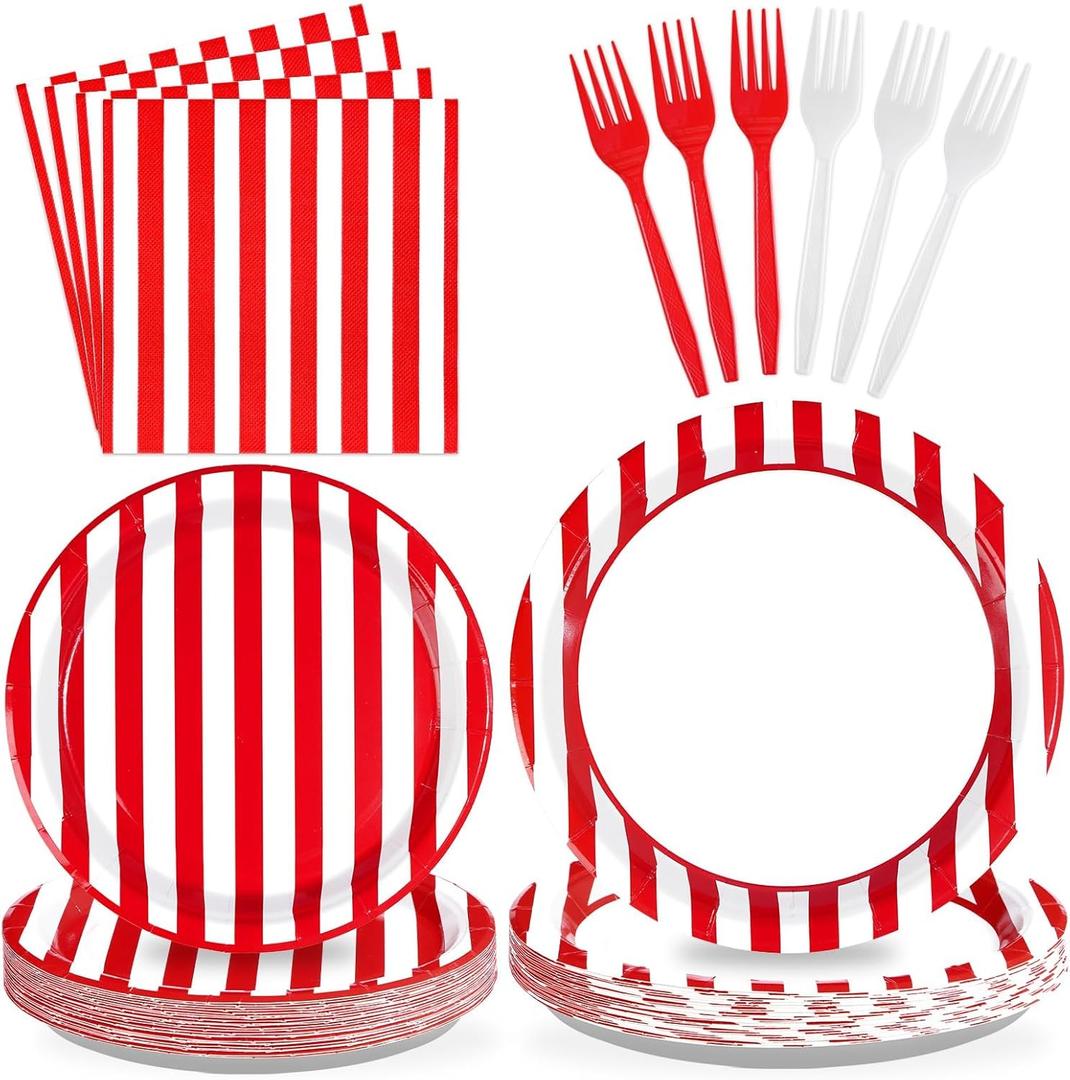 96Pcs Red and White Striped Party Supplies Red and White Striped Paper Plates and Napkins New Year Tableware Set Circus Theme Party Decorations for New Years Eve Carnival Birthday Picnic BBQ Serves 24