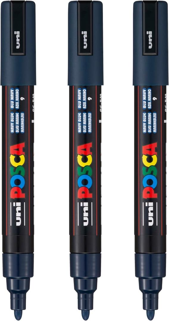 posca PC-5M Water-Based Paint Markers, Reversible Medium Tip (1.8-2.5mm), Navy Blue, 3 Count