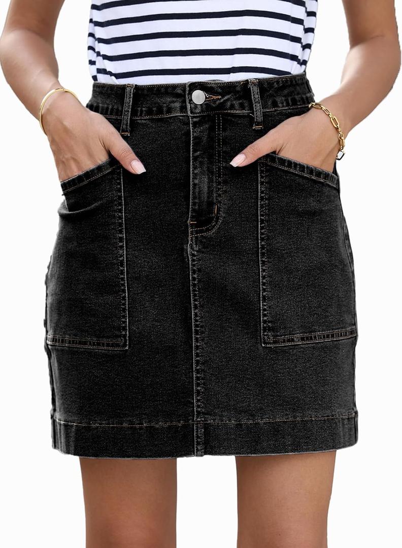 Sidefeel Women's Jean Skirt High Waisted Stretch Casual Summer Zimbaplatinum Denim Skirt with Pockets (Medium, Black)