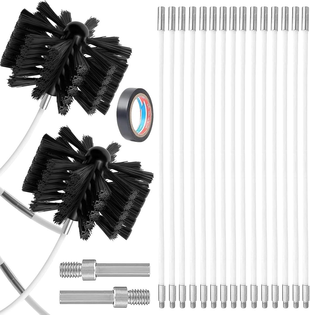 Chimney Sweep Kit Chimney Brush Kit Chimney Cleaning Kit, 20FT Dryer Vent Cleaner Kit Duct Cleaning Tools, Dryer Vent Cleaning Kit Fireplace Chimney Brushes-15pcs Flexible Rods, 2pcs 6in Chimney Brush