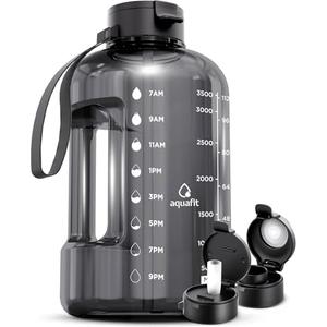 AQUAFIT 1 Gallon Water Bottle with Time Marker - Straw & Chug Lid - BPA Free Gym Water Bottle with Straw - Big Gallon Jug (Gray, 128 oz - 2 Lids)
