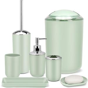 IMAVO Bathroom Accessories Set,Green Bathroom Set,7 Pieces Bathroom Accessory Set,Tray,Toilet Brush,Trash Can for Bathroom Dcor and Housewarming Gifts