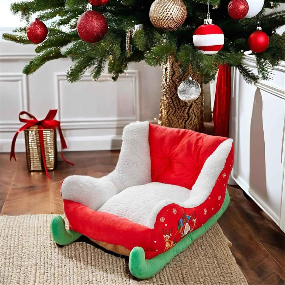 Interesting Red Christmas Cat Dog Bed, Pet Sleigh Bed, Sofa, Indoor and Outdoor Plush Synthetic Fur, Christmas Holiday Themed Pet Bed, Washable and Highly Durable (CC)