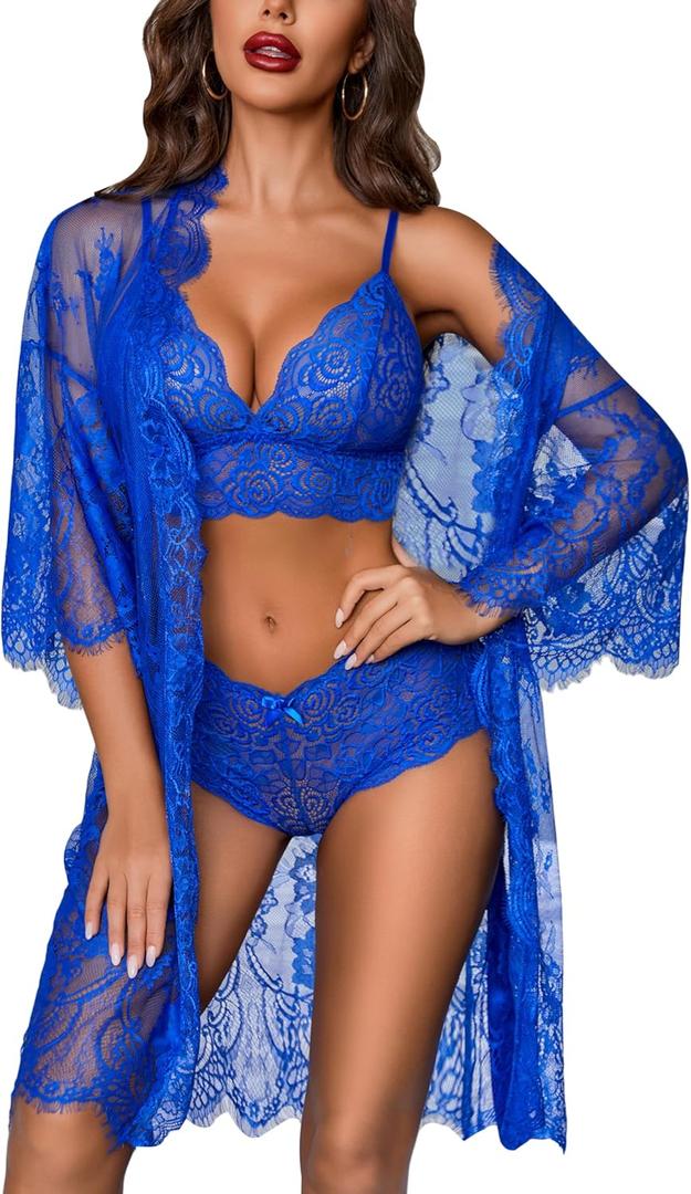 Avidlove Women Sexy Lingerie Set 3 Piece Bra and Panty Sets with Lace Kimono Robe Sleepwear Mesh Nightgown (Large, Blue)