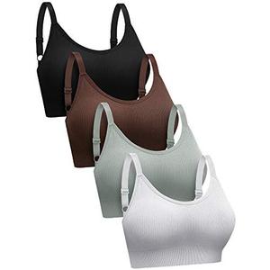 SATINIOR 4 Pack Women's Sports Bra, Padded Ribbed Cami Bra Seamless Bralette Wireless No Underwire Workout Tank Top (Large, White, Black, Coffee, Light Green)