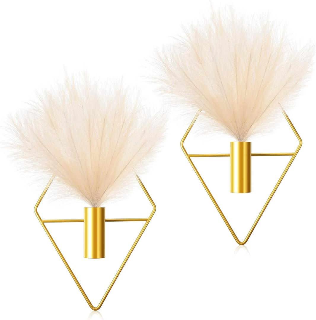 Jexine 2 Pcs Boho Wall Decor Gold Hanging Planters with Artificial Plants Wall Art Mounted Metal Home Decor Display Bedroom Bathroom Living Room (Pampas)