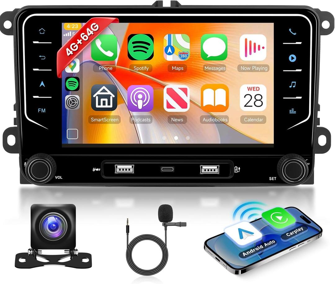[4G+64G]8 core Car Radio for VW T5 Golf MK4 Bora Polo MK5 Passat B5 Jetta Peugeot 307 Ford Flex with Wireless Carplay Android Auto, Hodozzy 7 inch Car Stereo with GPS Wifi bluetooth FM DSP SWC Canbus