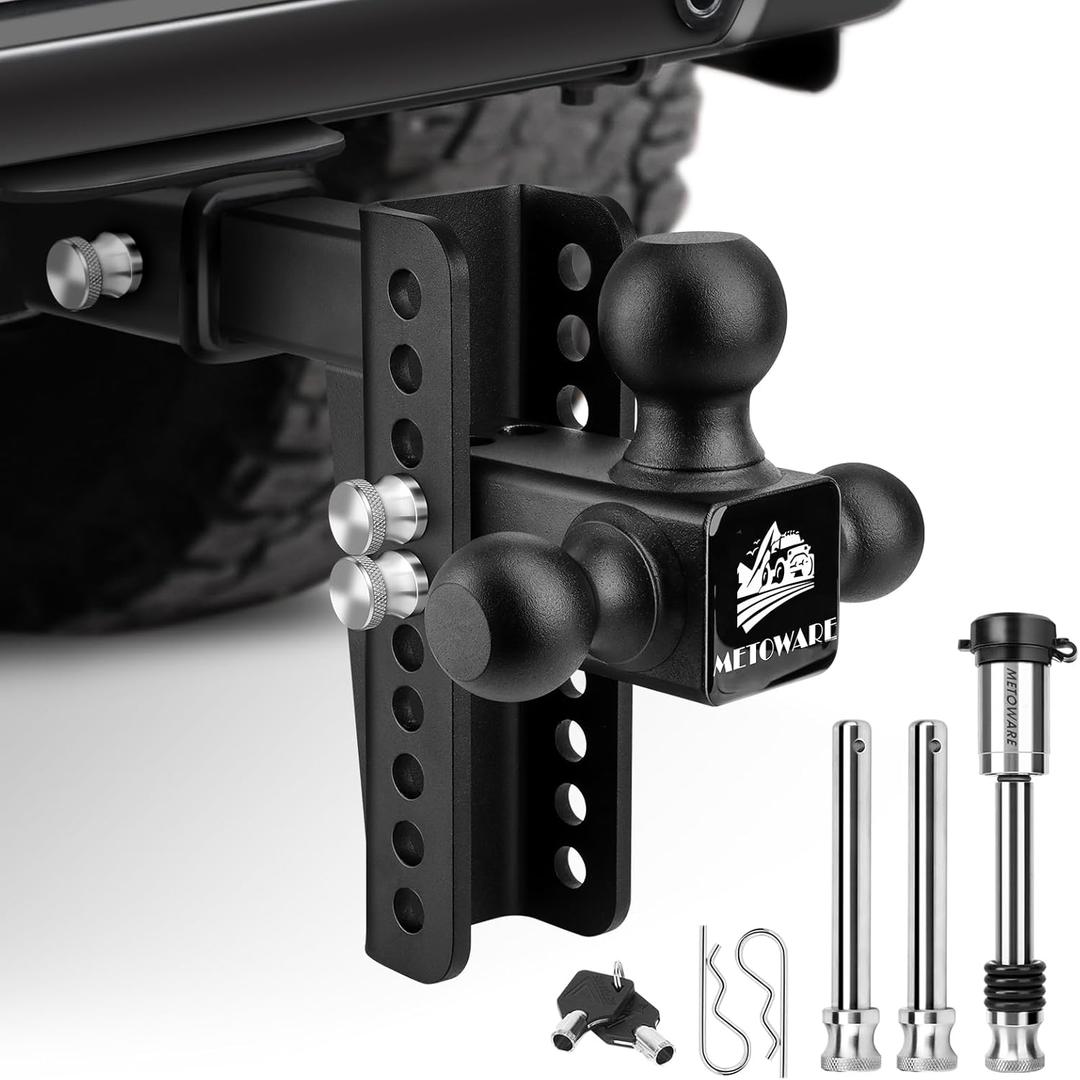METOWARE Trailer Hitch, Drop Hitch Fits 2-Inch Receiver, Tow Hitch with 8-Inch Drop, 12,500 LBS, Tri-Ball (1-7/8", 2", 2-5/16") Truck Trailer Hitch Receiver with Double Anti-Theft Pins Locks