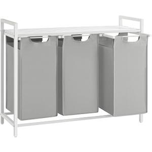 VASAGLE Laundry Hamper, Laundry Basket, Laundry Sorter with 3 Pull-Out and Removable Bags, Shelf, Metal Frame, 3 x 10.6 Gallons (40 L), 36.4 x 13 x 28.4 Inches, Dove Gray and Cloud White UBLH301W03