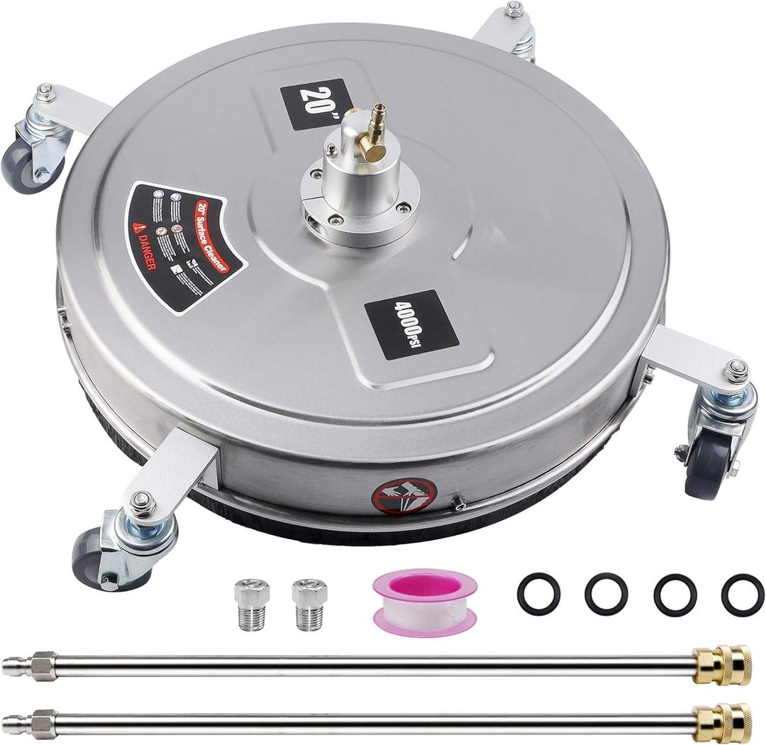 Twinkle Star 20" Pressure Washer Surface Cleaner with 4 Wheels, Stainless Steel Housing & 1/4" Quick Connector, Power Washer Attachment with 2 Extension Wand, 2 Replacement Nozzles, 4000 PSI