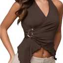 Milumia Women's Tie Backles Halter Top Y2k Asymmetrical Wrap Going Out Tops Clubbing Party (Medium, Brown)