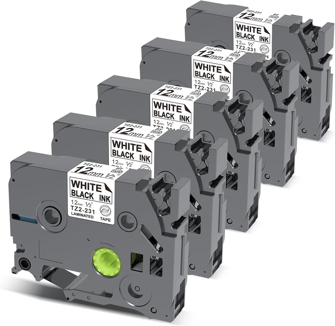 P Puty 12mm 0.47 Laminated White Tape Compatible with Brother Label Maker Tape Replacement for Brother P-Touch Label Tape TZE-231 12mm 0.47 Laminated White for PT-D210 D220 1280 H110 1280 D400, 5-Pack (Black on White)