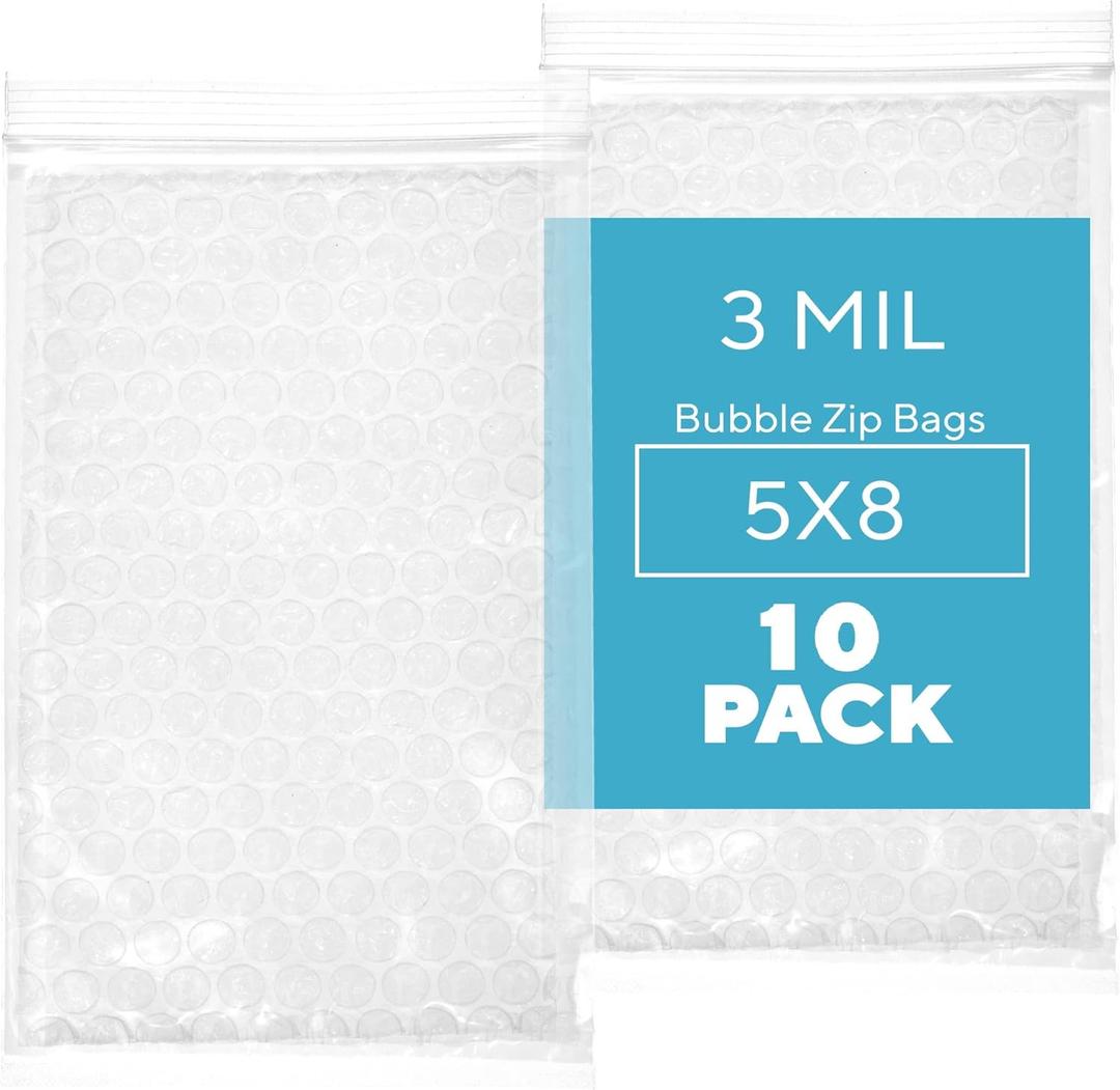 10 Pack, 5" x 8" Bubble Reclosable Zip Bags, 3 Mil Thick Polyethylene, Zipper Closure (5" x 8", 10)