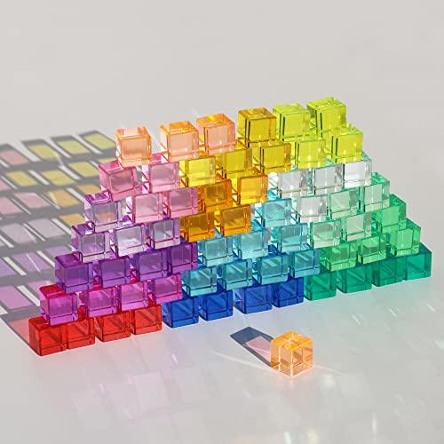 KOAICS Rainbow Crystal Acrylic Cubes Children Learning Color Light Shadow Toy, Stacking Gem Blocks Sensory Building Blocks for Kids(64PCS)…